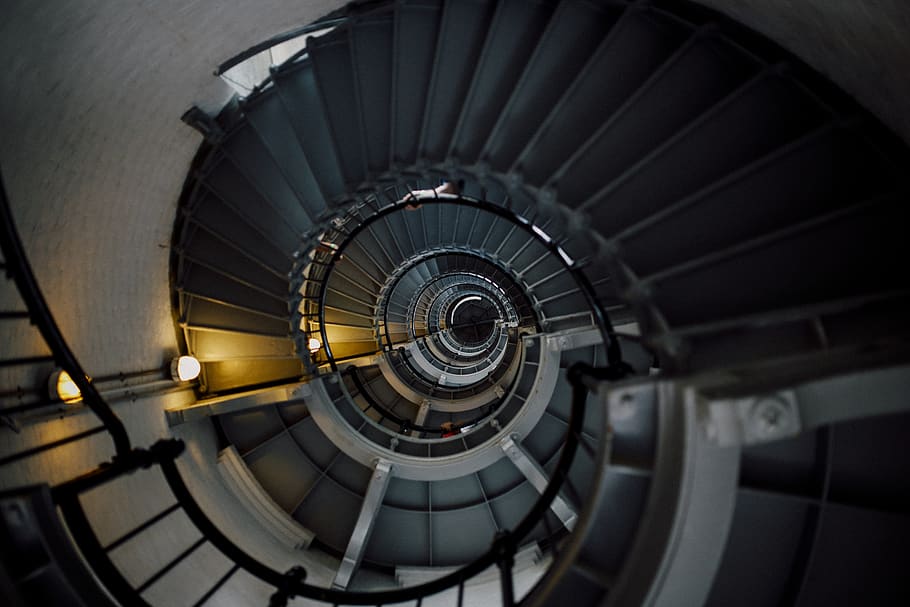 black and grey empty stairwell, banister, handrail, staircase HD wallpaper