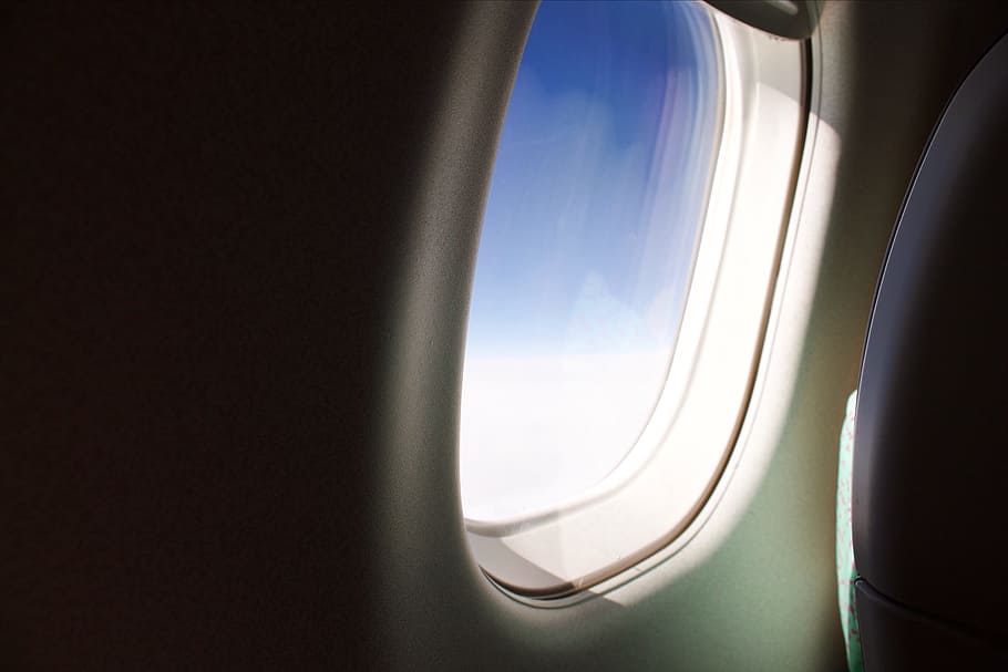 airplane window showing blue sky, airpalne window, window view, HD wallpaper