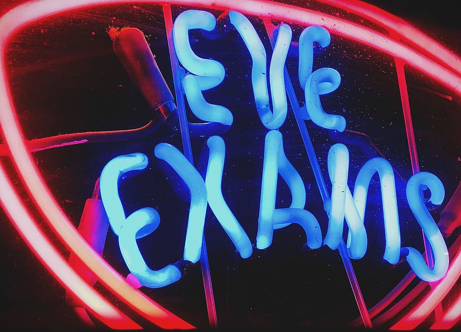Eve Exams sign, eye, eyesight, optomotrist, neon, neon text, blue neon, HD wallpaper
