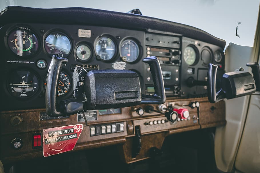 black airplane dashboard, vehicle interior, control panel, mode of transportation HD wallpaper