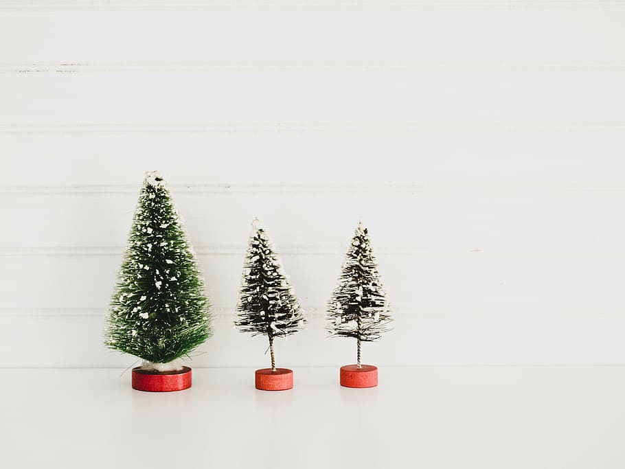 three green christmas tree decors, plant, celebration, indoors HD wallpaper