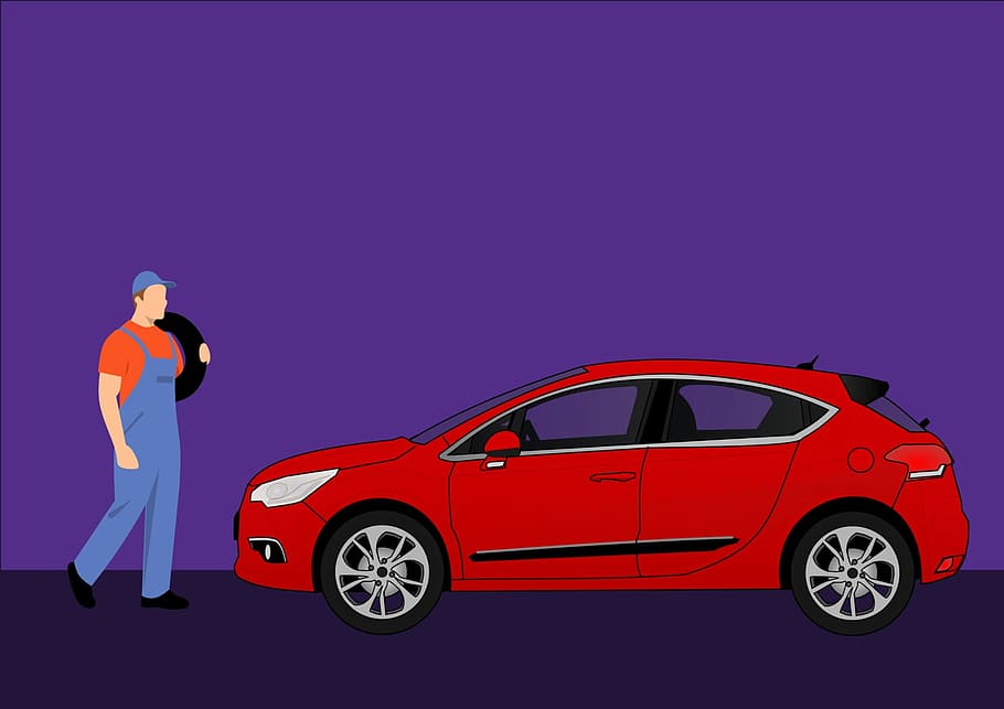 Illustration of auto mechanic getting ready to work on a car