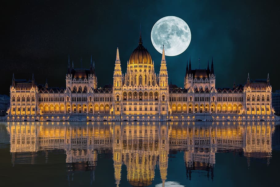 city, night, budapest, reflection, moon, hungary, architecture HD wallpaper