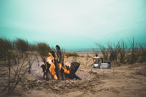 fire, flame, bonfire, campfire, beach, heat, firewood, grass HD wallpaper