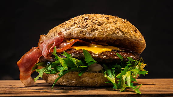 Bacon and cheese burger, food, plant, produce, seasoning, sandwich HD wallpaper