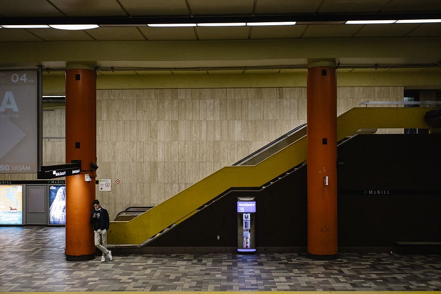 yellow stair inside building, banister, handrail, person, human HD wallpaper