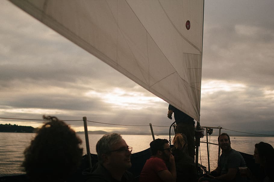 sailboat, sky, cloud - sky, water, group of people, transportation HD wallpaper