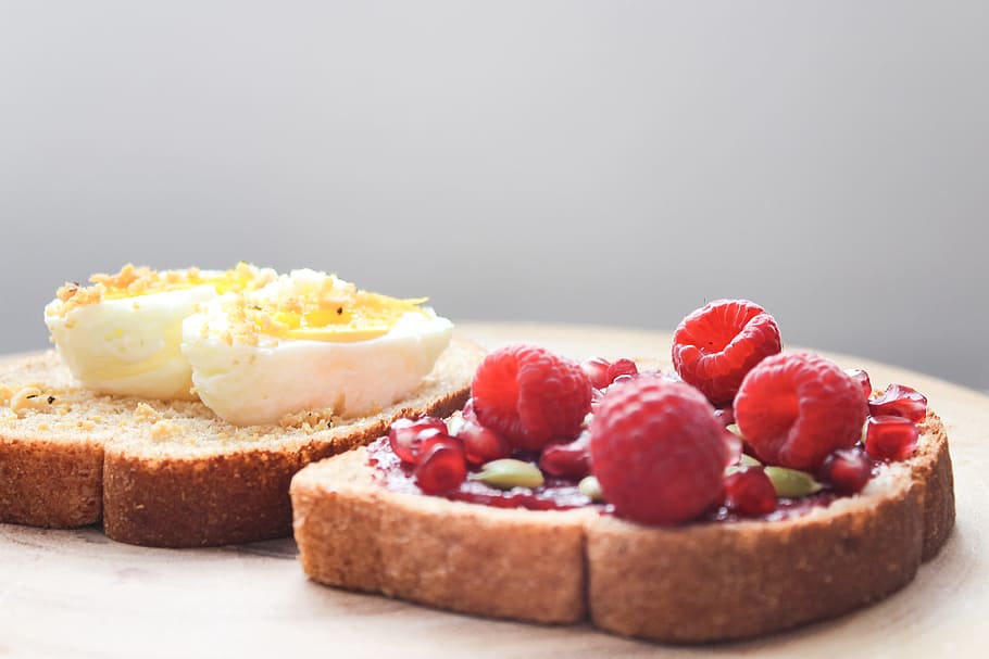 Two Boiled Egg and Raspberries on Loaf Bread, breakfast, delicious HD wallpaper