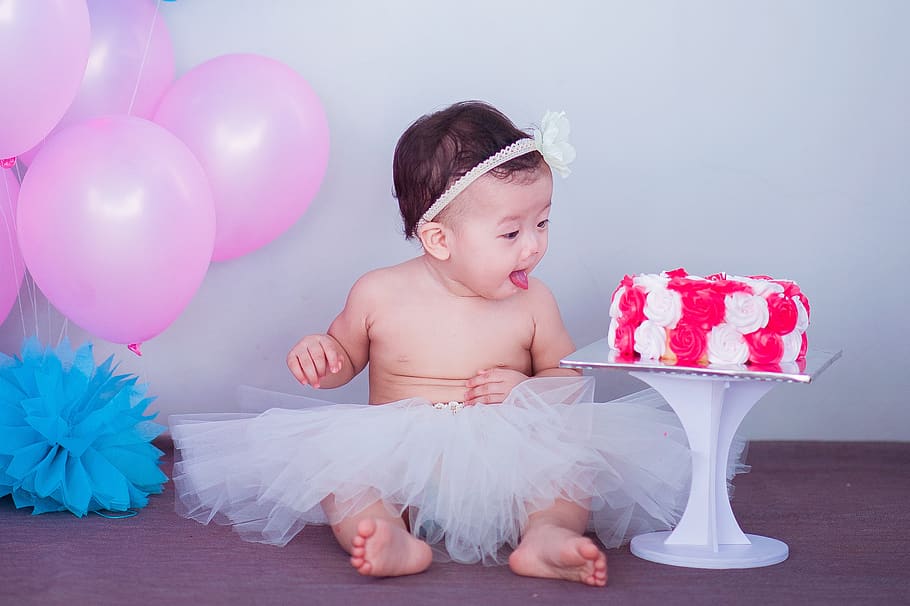 Baby in White Tutu Skirt Beside Cake, adorable, beautiful, birthday, HD wallpaper