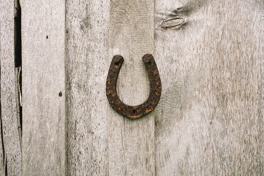 Old rusty horseshoe, grey, luck, objects, symbol, wall, wood - material HD wallpaper