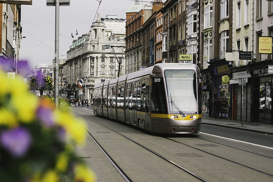 Photo Tram at Street, blur, buildings, cable car, cable wires