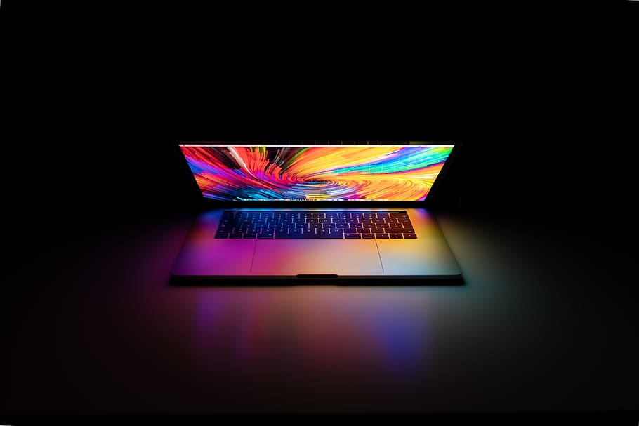 turned on MacBook Pro, communication, multi colored, technology HD wallpaper