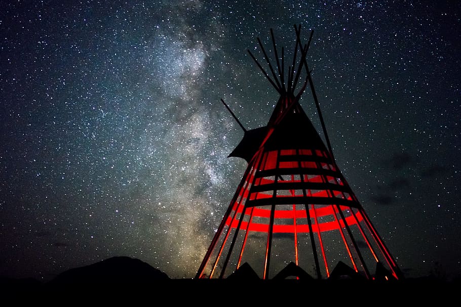 red and black teepee tent during night time, dream, star, light, HD wallpaper