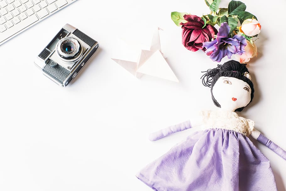 Styled photo with camera and doll, artist, background, blog, business, HD wallpaper
