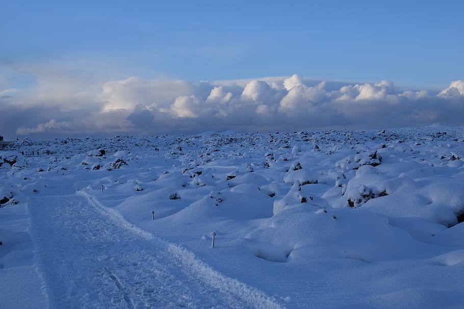 white, blue, iceland, rocks, snow, clouds, path, empty, winter HD wallpaper