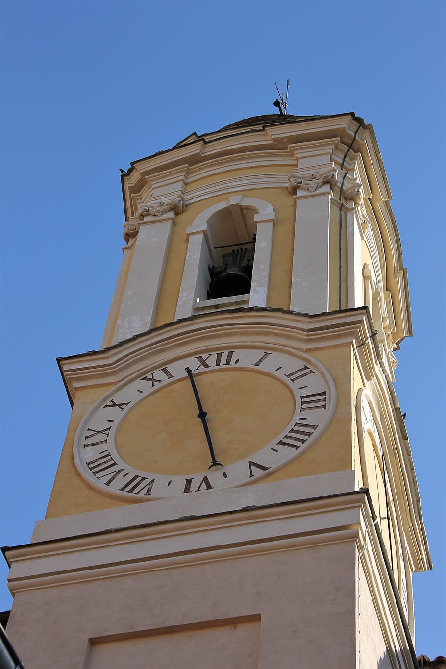 bell tower, bell tower yellow, clock, time, needle, architecture