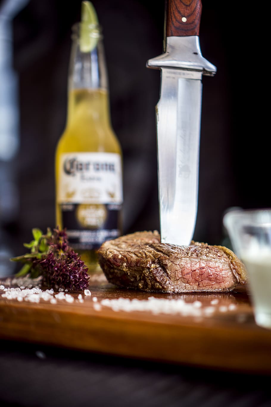 meat steak with dagger, food and drink, freshness, bottle, indoors HD wallpaper