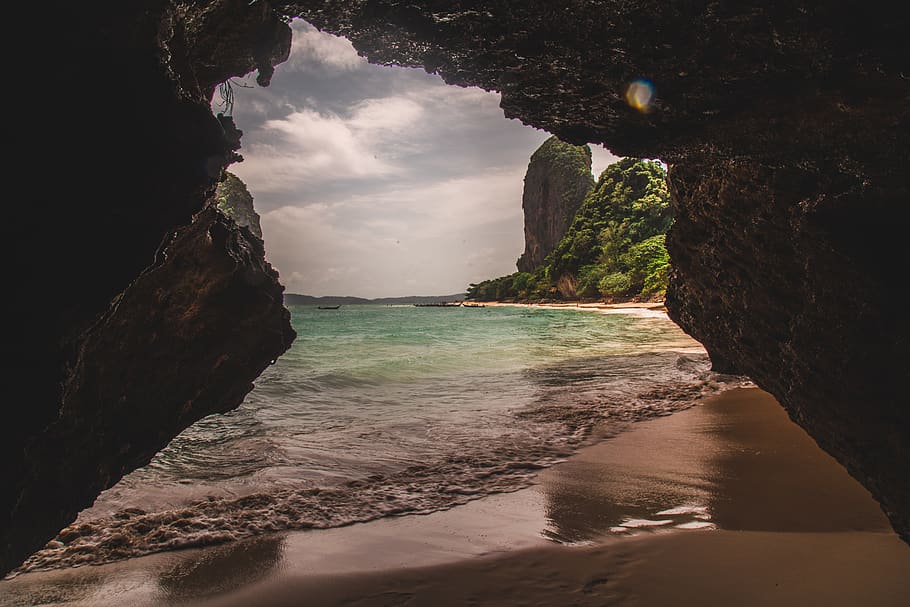 cave near the beach, railay beach, thailand, ocean, water, sea, HD wallpaper
