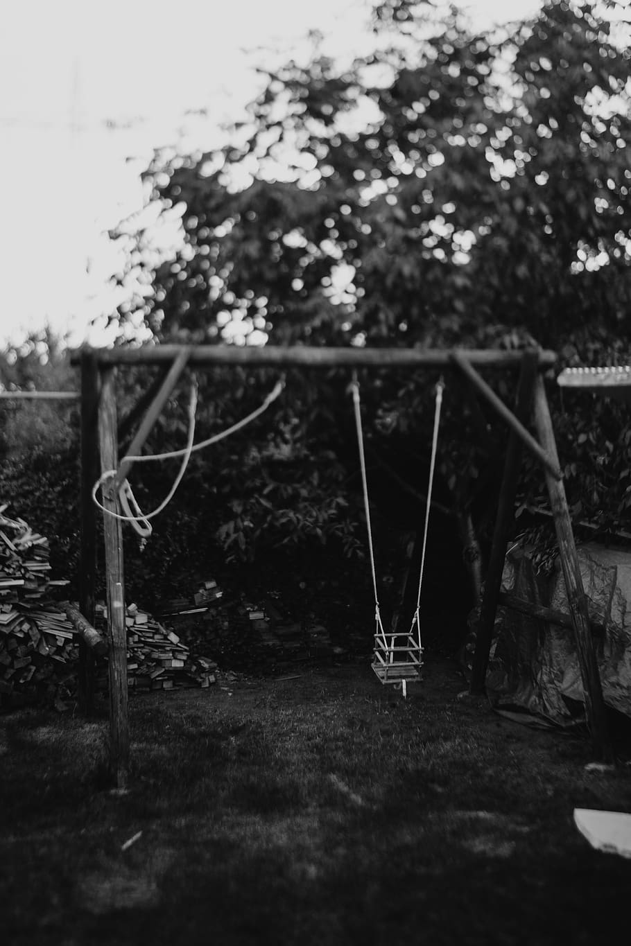 grayscale photo of swing at the garden, person, human, people, HD wallpaper