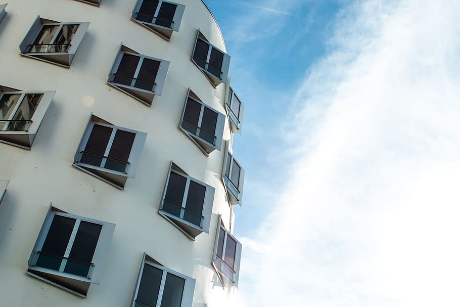 white concrete building, home decor, window, curtain, shutter HD wallpaper
