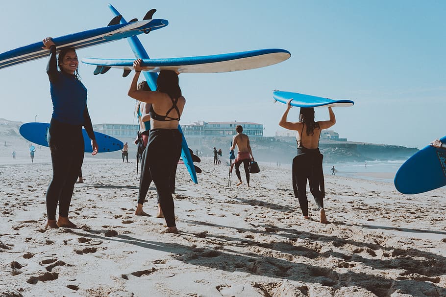Photo of People Carrying Surfboards, beach, enjoyment, fun, leisure HD wallpaper
