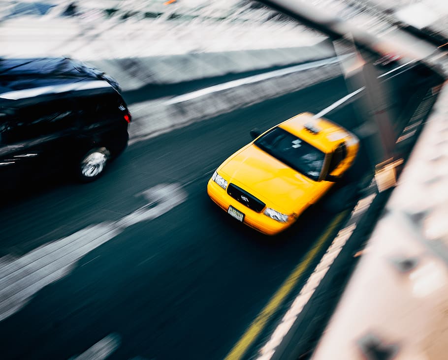 A yellow taxi driving., new york, brooklyn bridge, united states, HD wallpaper