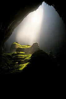 nature, cave, underground, shadows, light, rays, lush, vegetation HD wallpaper