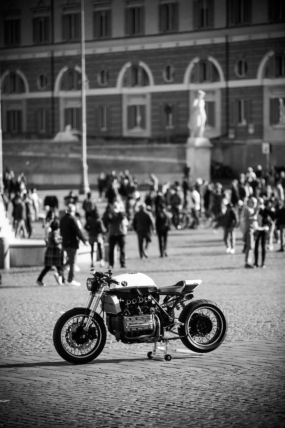 Grayscale Photo of Sports Bike Parked Near People, blurred background HD wallpaper