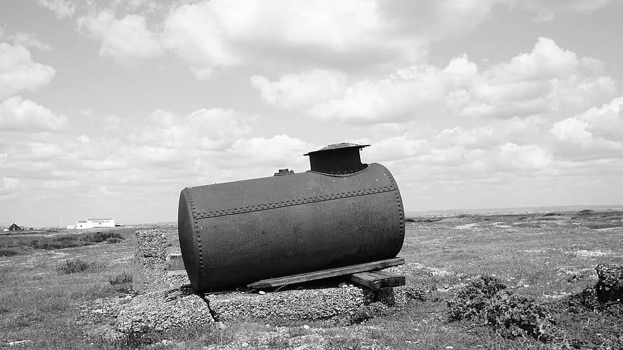 Black Metal Tank, abandoned, arid, clouds, distance, field, grass HD wallpaper
