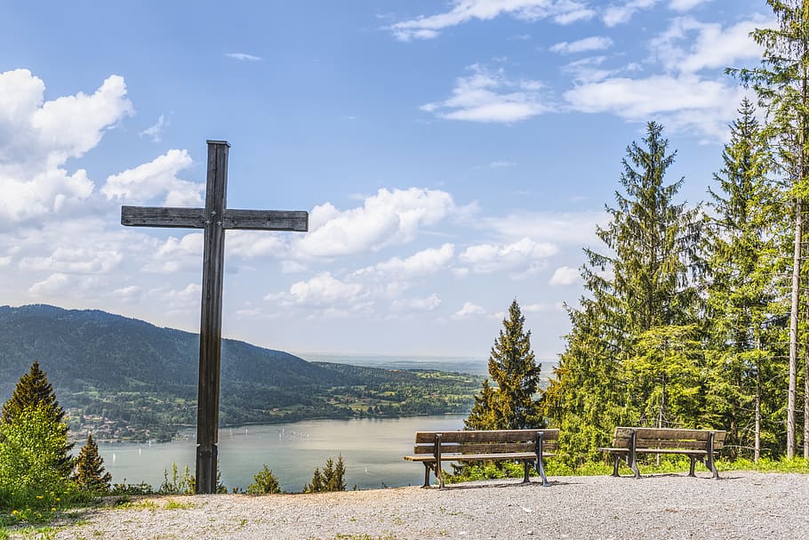 Black Cross Near Body of Water, bench, blue, daylight, landscape HD wallpaper