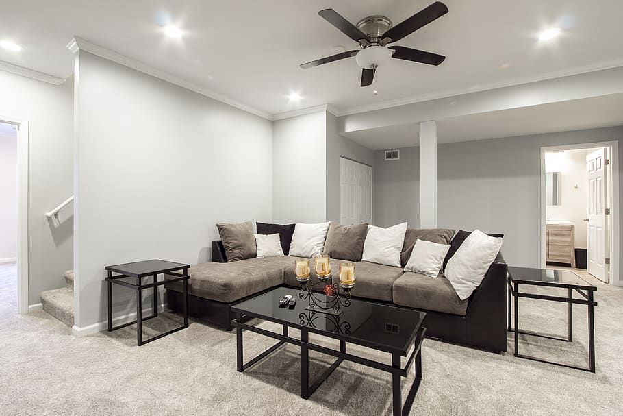 Rectangular Black Steel Center Table Near Chaise Couch, ceiling HD wallpaper