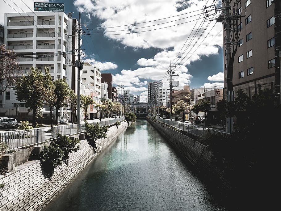 lake between buildings, water, outdoors, canal, ditch, vehicle HD wallpaper