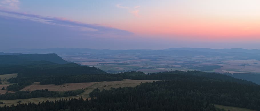 aerial, view, sunset, trees, plant, forest, nature, farm, field HD wallpaper