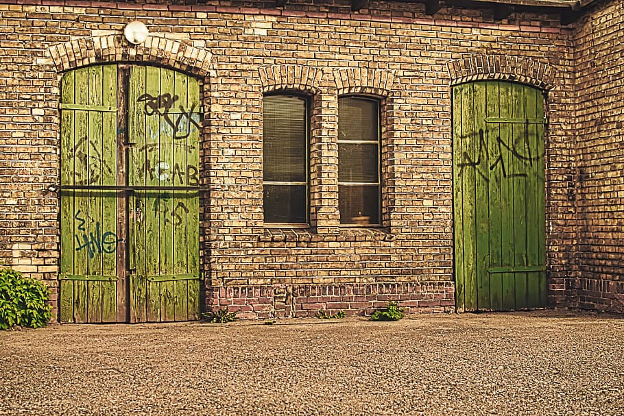 wall, lapsed, doors, wood, stone, window, building, decay, old HD wallpaper