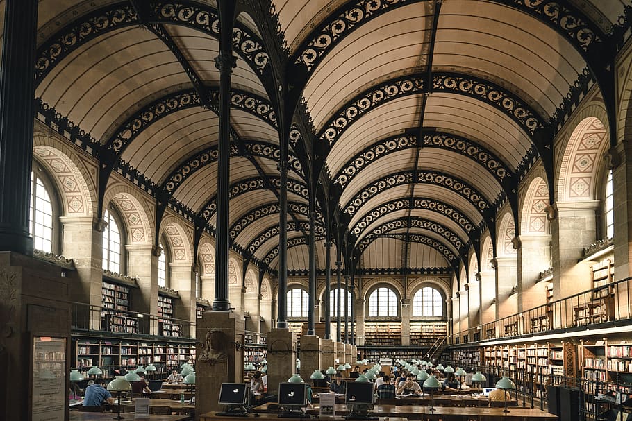 arches, architecture, building, ceiling, indoors, lamps, library HD wallpaper