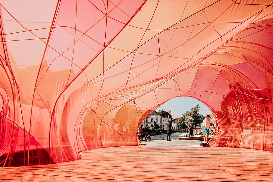 people walking underneath red cloth, person, human, path, walkway HD wallpaper