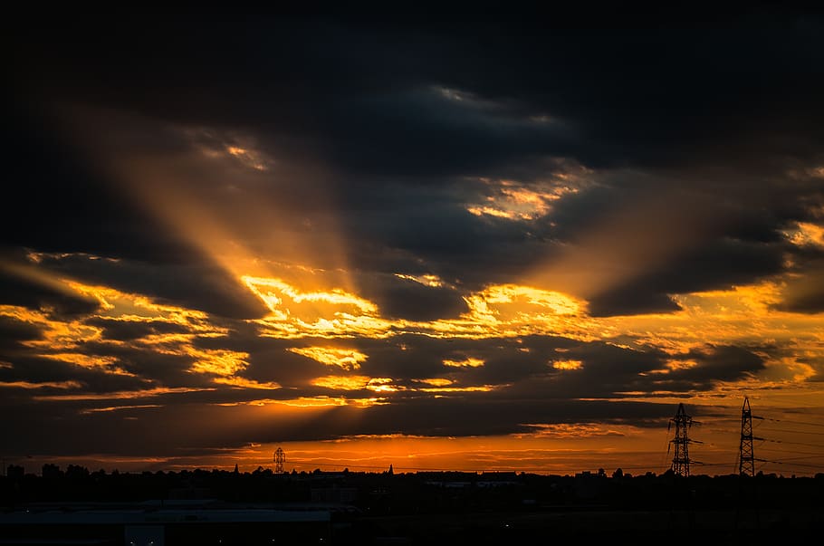 sun, sky, sunrise, clouds, landscape, dusk, orange, silhouette HD wallpaper