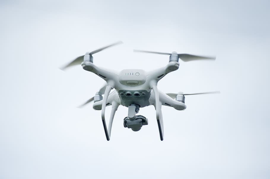 White Quadcopter Drone, camera, flying, gadget, technology, mid-air HD wallpaper