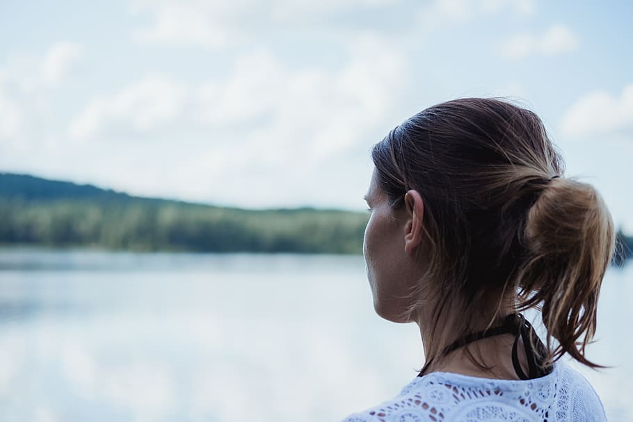 lake, forest, trees, sky, blue, water, woman, negative space HD wallpaper