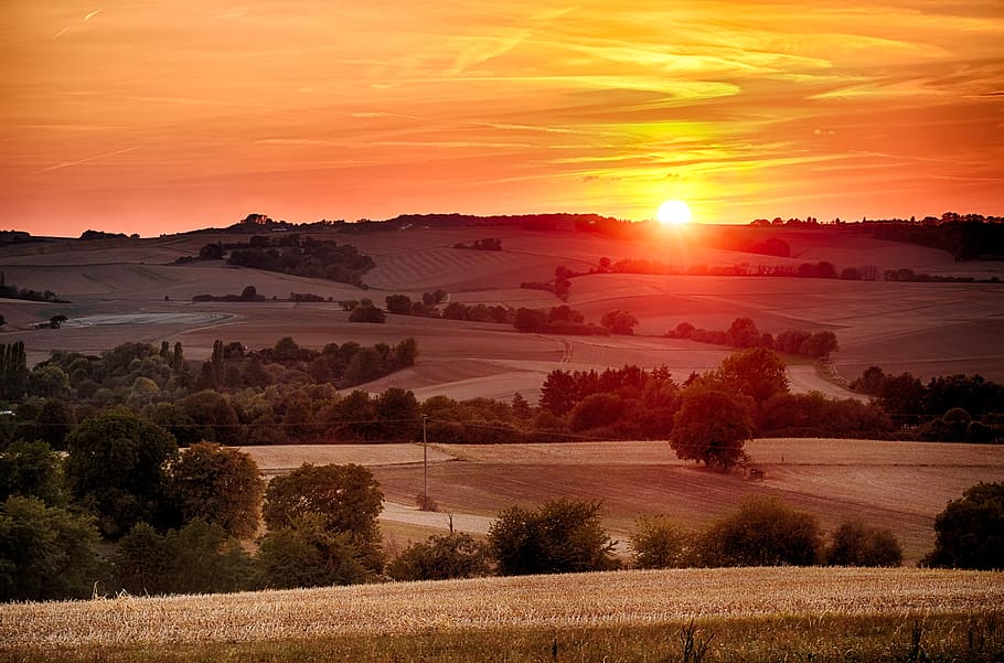 sunset, afterglow, morgenrot, sky, meadow, fields, landscape HD wallpaper
