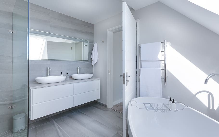 White Bathroom Interior, architecture, bathtub, clean, contemporary, HD wallpaper
