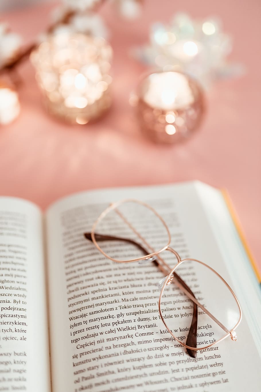 Open book on a pink background, reading, glasses, learning, pink backgound, HD wallpaper