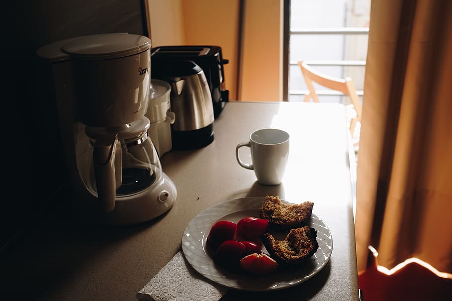 White Ceramic Mug Beside Ceramic Plate On Table, coffee machine HD wallpaper