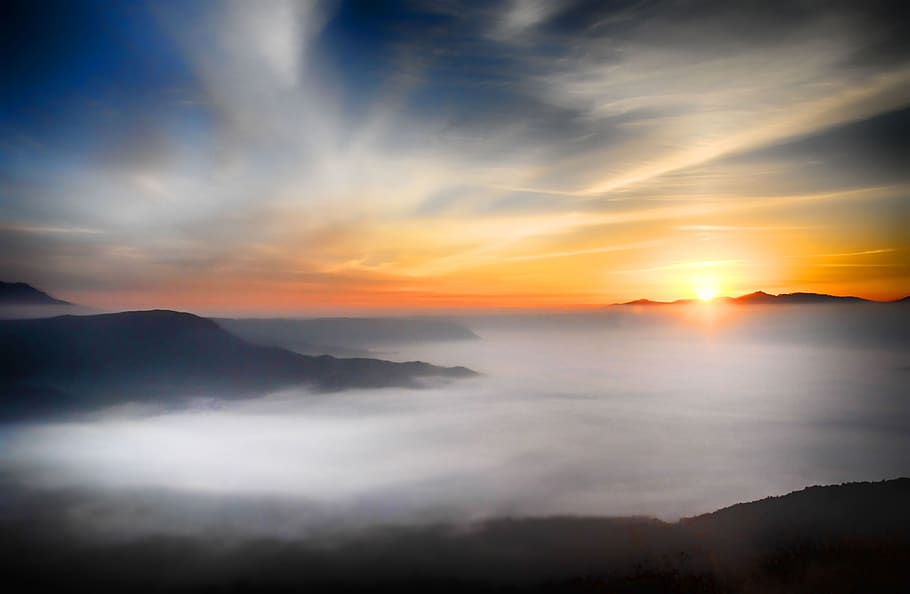 Sunrise over Mountain, clouds, dawn, fog, mountain range, nature HD wallpaper