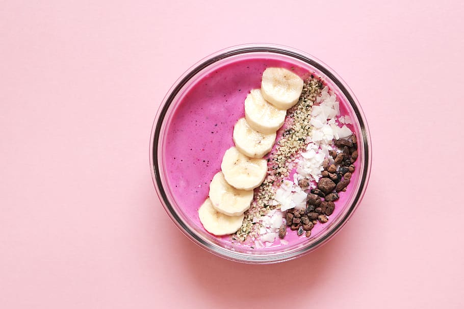 Bowl Filled With Pink Liquid, açaí, banana, chia seeds, delicious
