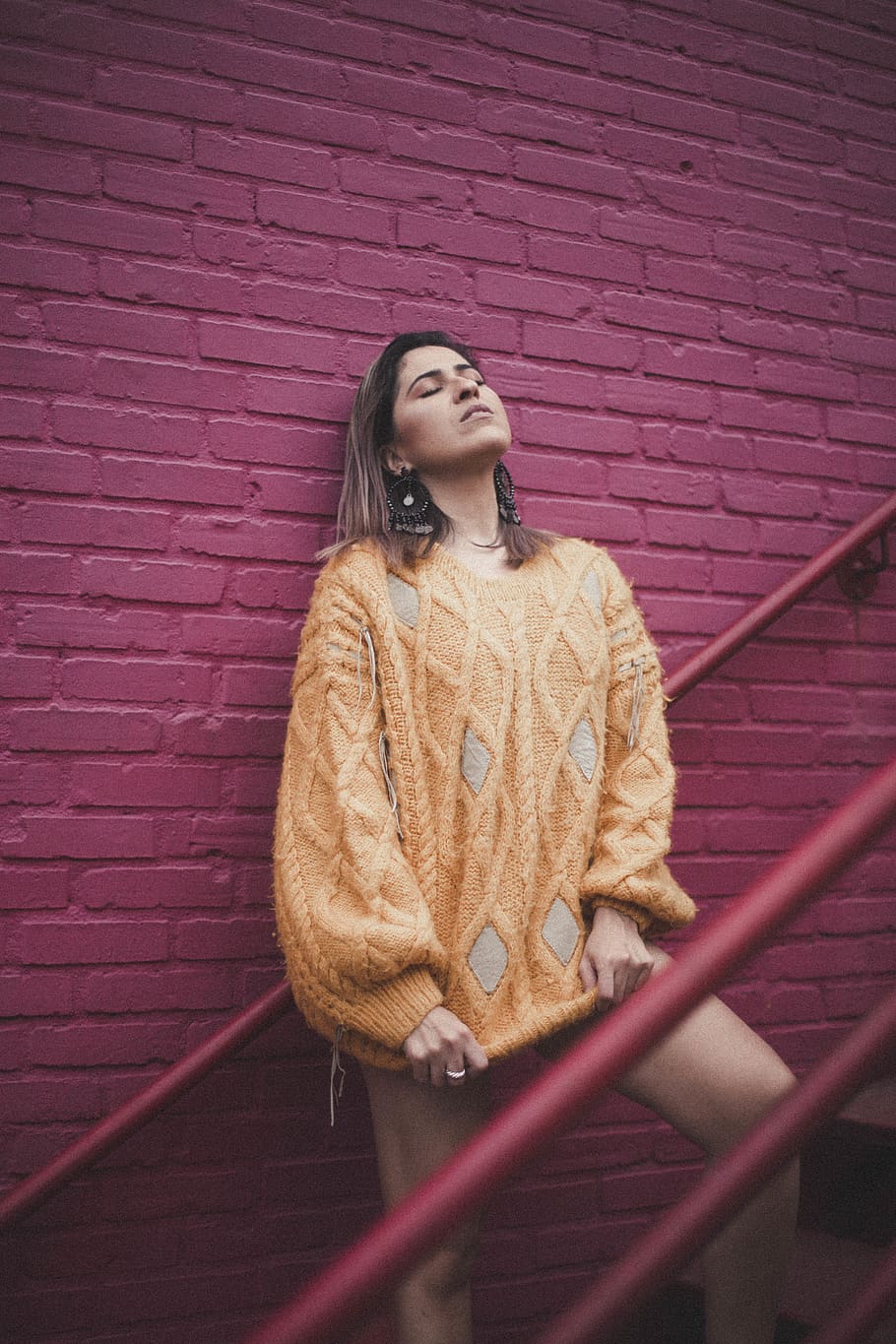 Woman Wearing Orange Sweater Leaning on the Wall, attractive, HD wallpaper