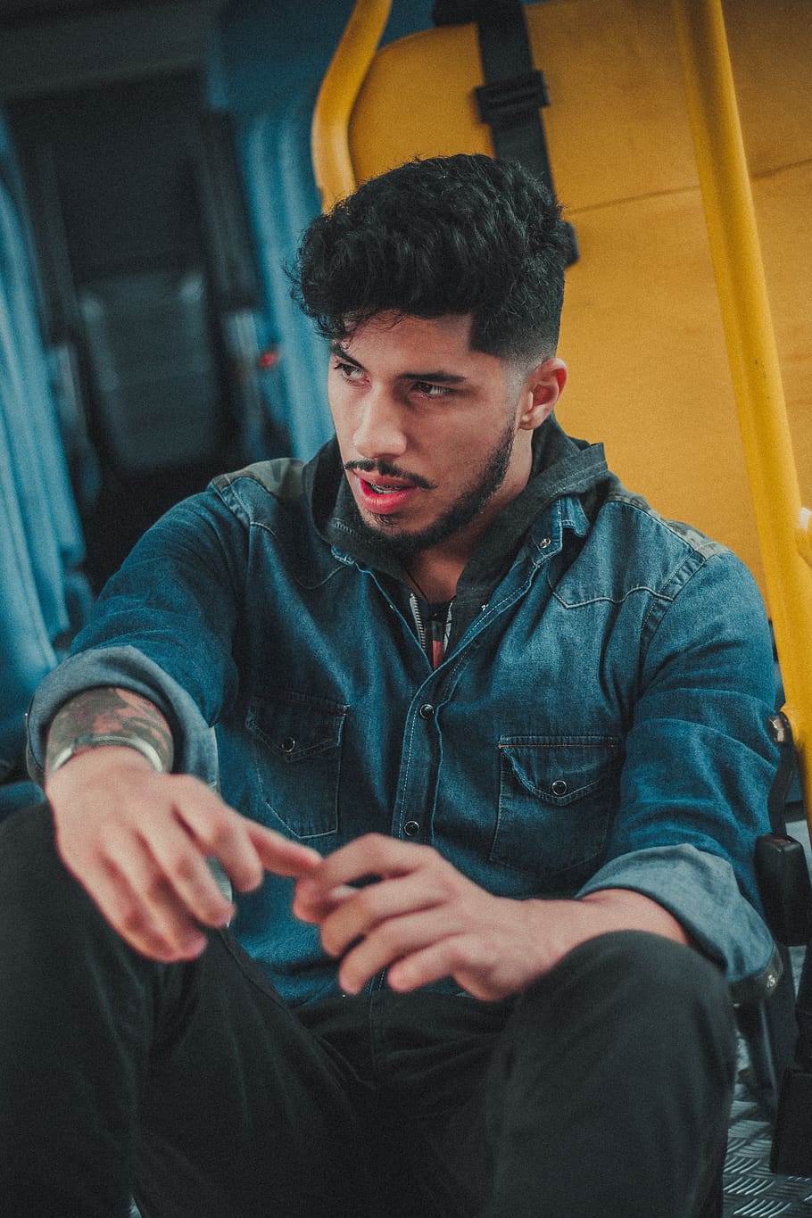 man wearing blue denim jacket, sitting, one person, young men HD wallpaper