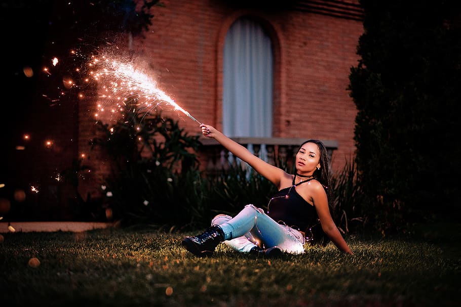 Woman Holding Fire Cracker, beautiful, firecracker, person, pose HD wallpaper