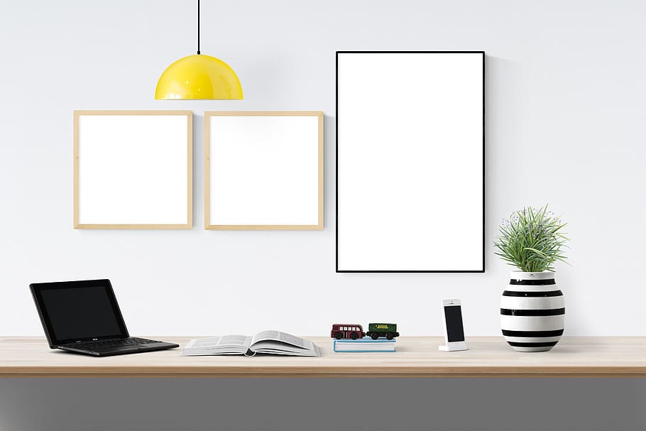 poster, frame, plant, laptop, book, technology, table, business