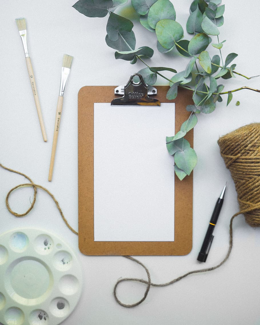 Flatlay, clipboard, paper, leaf, leaves, flat lay, workspace HD wallpaper